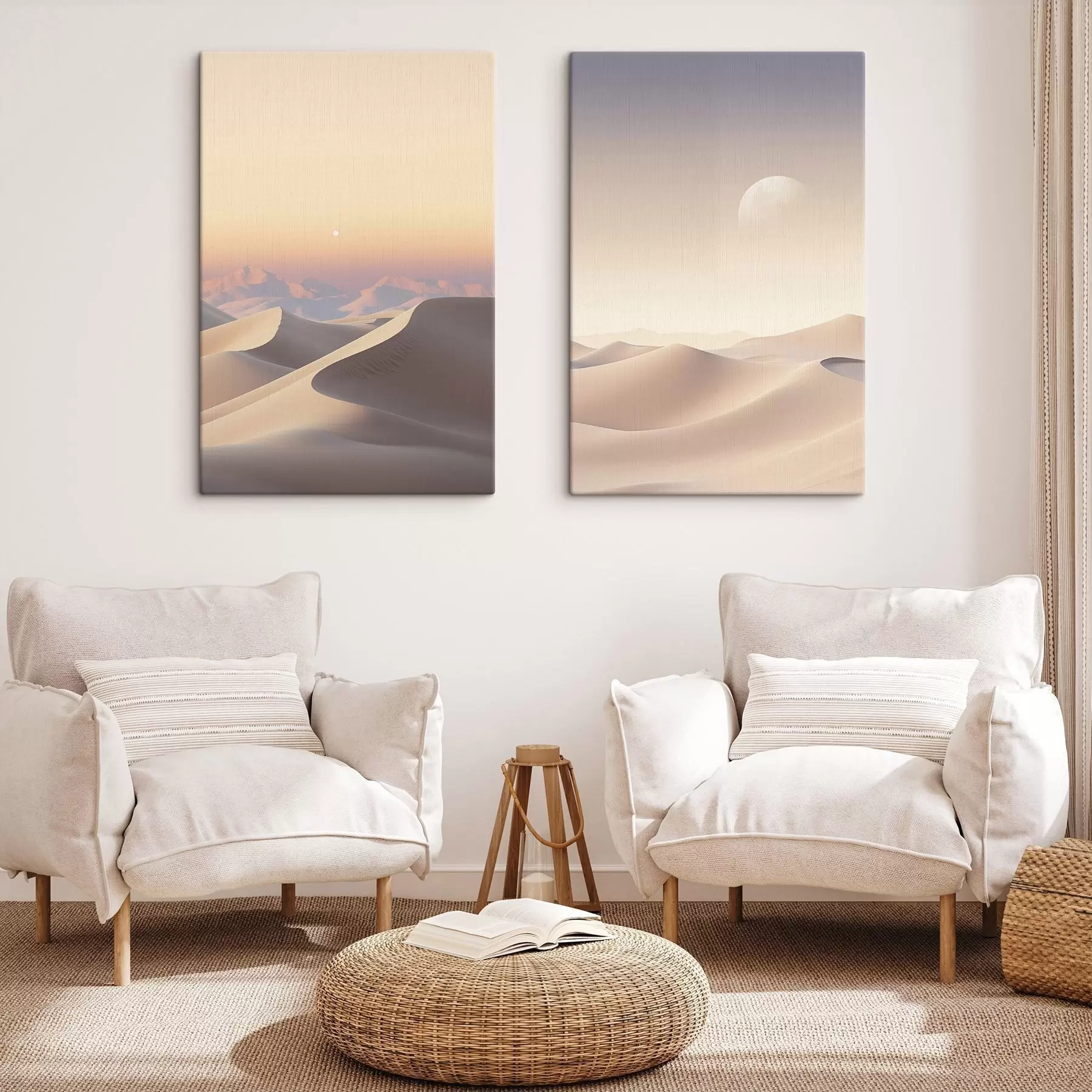Obraz Pustynny krajobraz z falującymi wydmami pod delikatnym pastelowym niebem, w tle odległe góry. m30053