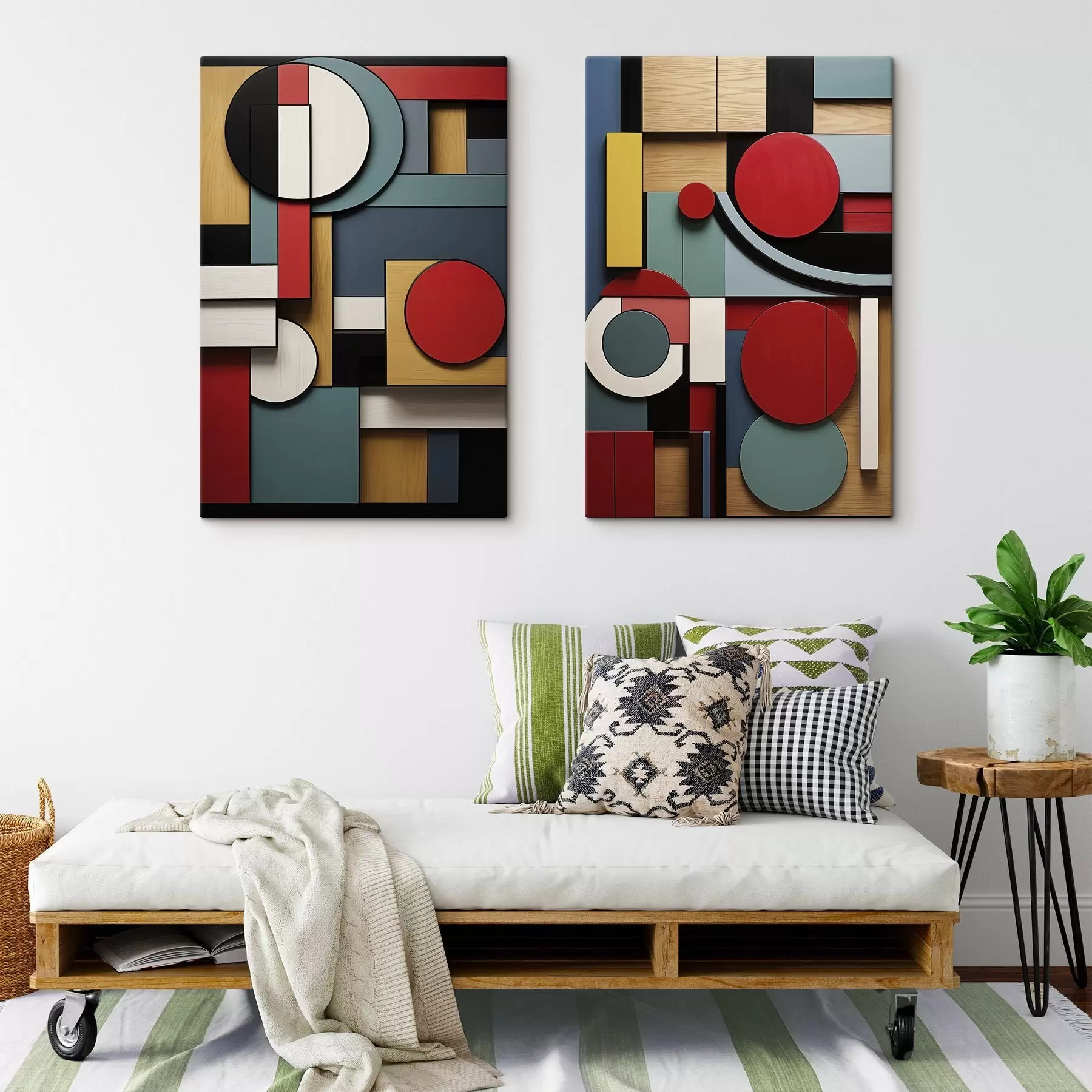 Obraz Abstrakcyjna kompozycja geometryczna z imitacją tekstury drewna, czerwonymi, czarnymi, białymi i turkusowymi prostokątami i okręgami. m30058