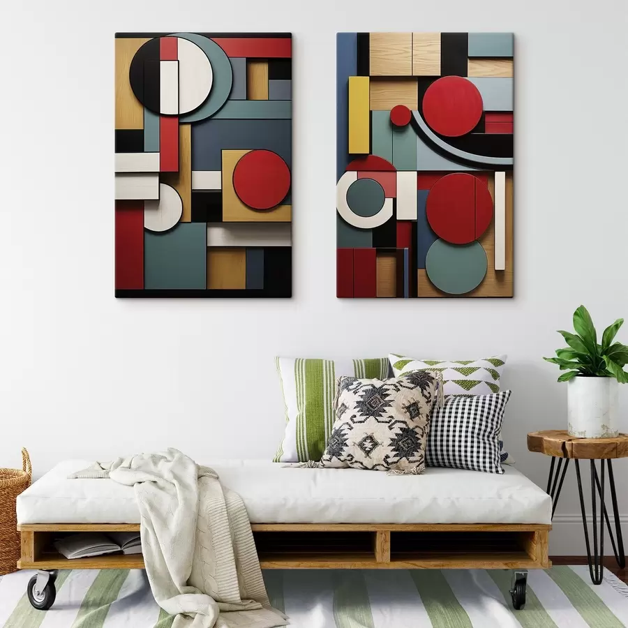 Obraz Abstrakcyjna kompozycja geometryczna z imitacją tekstury drewna, czerwonymi, czarnymi, białymi i turkusowymi prostokątami i okręgami. m30058