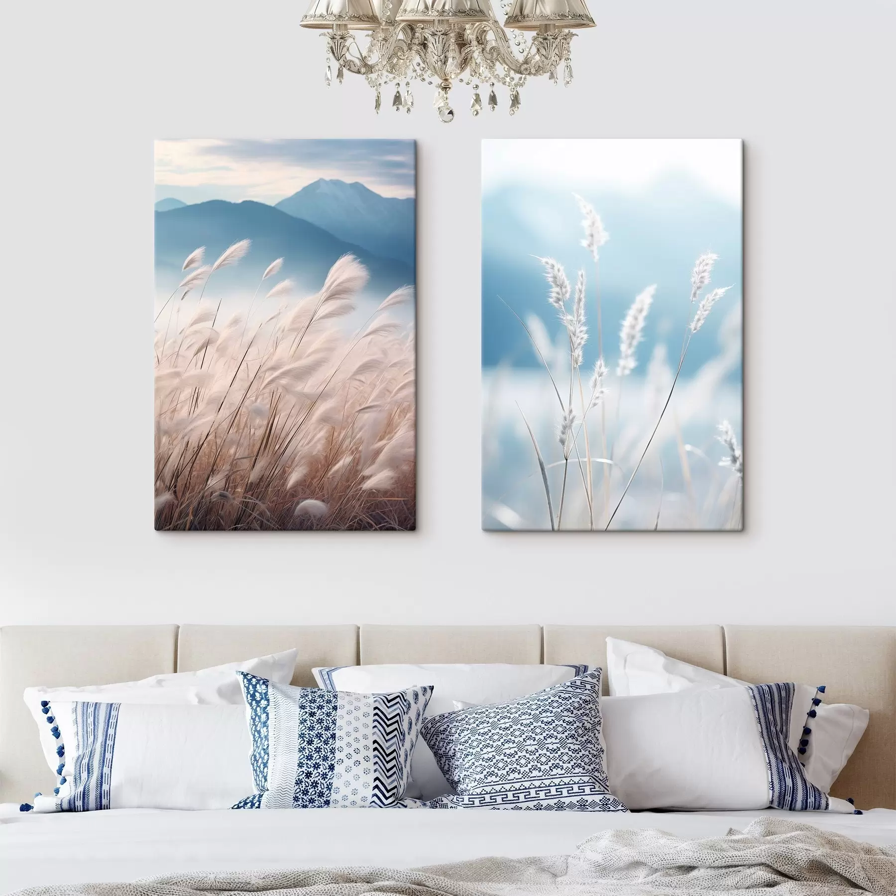 Obraz Wysoka, biała trawa pampasowa kołysząca się na wietrze, a w tle delikatne błękitne góry. m30060