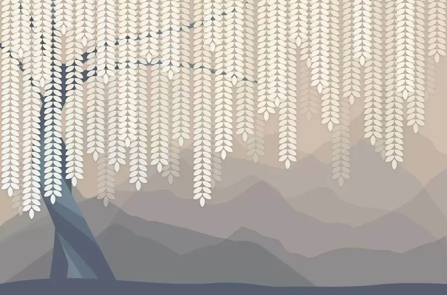 Fototapeta Stylizowana wierzba z wiszącymi liśćmi na tle minimalistycznych gór w odcieniach beżu i niebiesko-zielonym. w05232