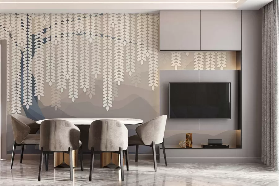 Fototapeta Stylizowana wierzba z wiszącymi liśćmi na tle minimalistycznych gór w odcieniach beżu i niebiesko-zielonym. w05232