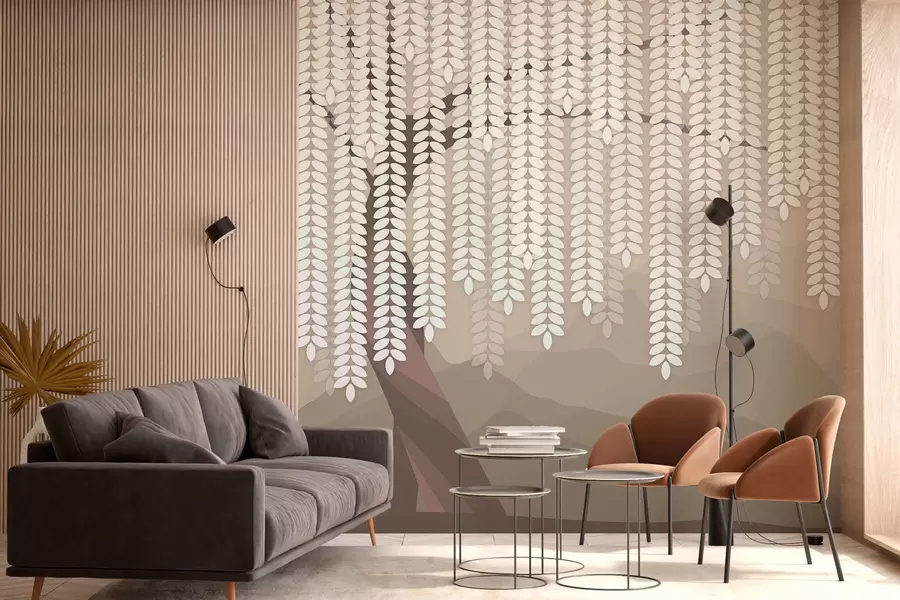 Fototapeta stylizowana wierzba z wiszącymi liśćmi na tle minimalistycznych gór w odcieniach kawy w05232v2