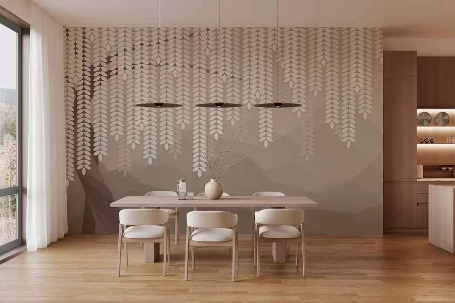 Fototapeta stylizowana wierzba z wiszącymi liśćmi na tle minimalistycznych gór w odcieniach kawy w05232v2