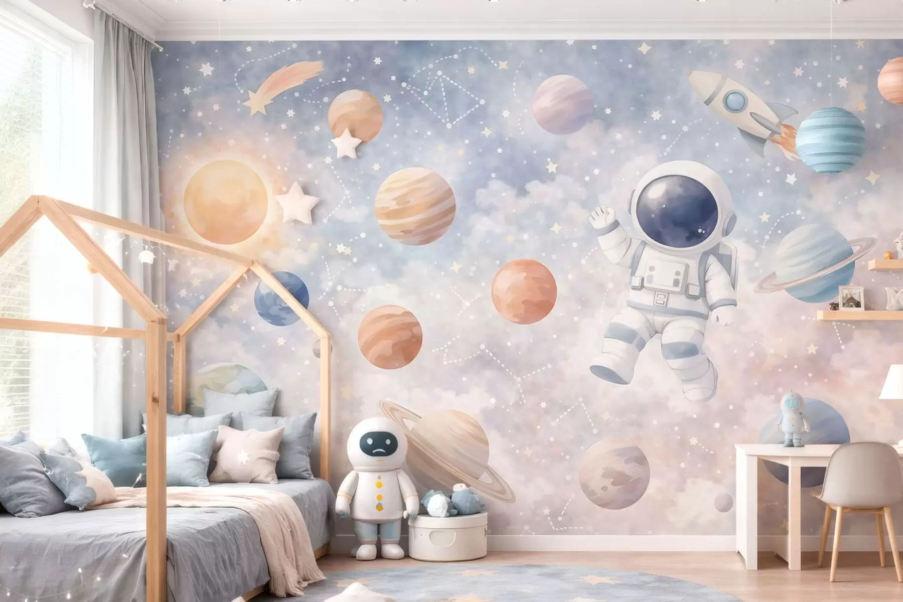 Fototapeta mały astronauta wśród planet i gwiazd w05233