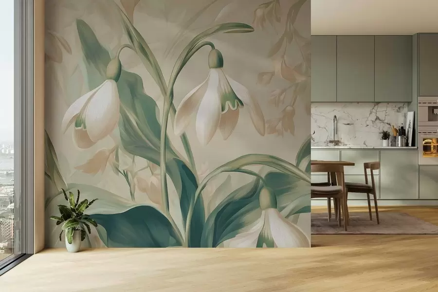 Fototapeta kwitnące przebiśniegi na beżowym tle w05234