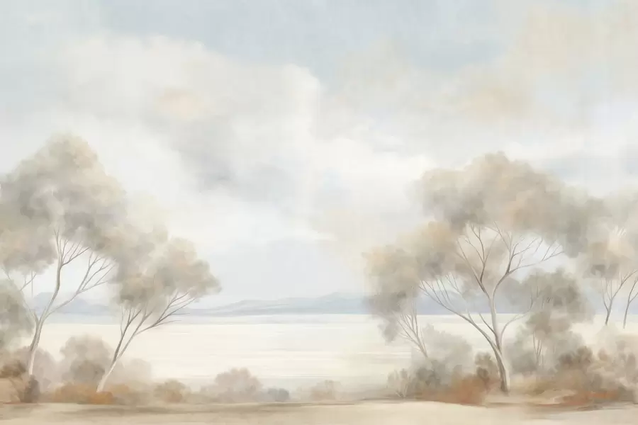 Fototapeta Styl malarski przedstawiający pejzaż z drzewami pod zachmurzonym niebem w09753