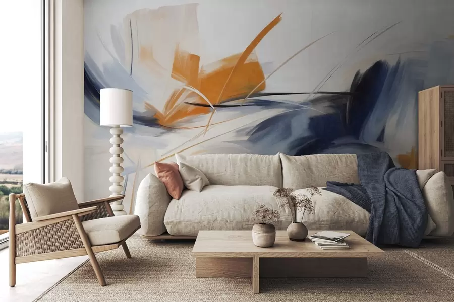 Fototapeta Styl malarstwa abstrakcyjnego z pomarańczowymi i niebieskimi teksturowanymi pociągnięciami pędzla w09755