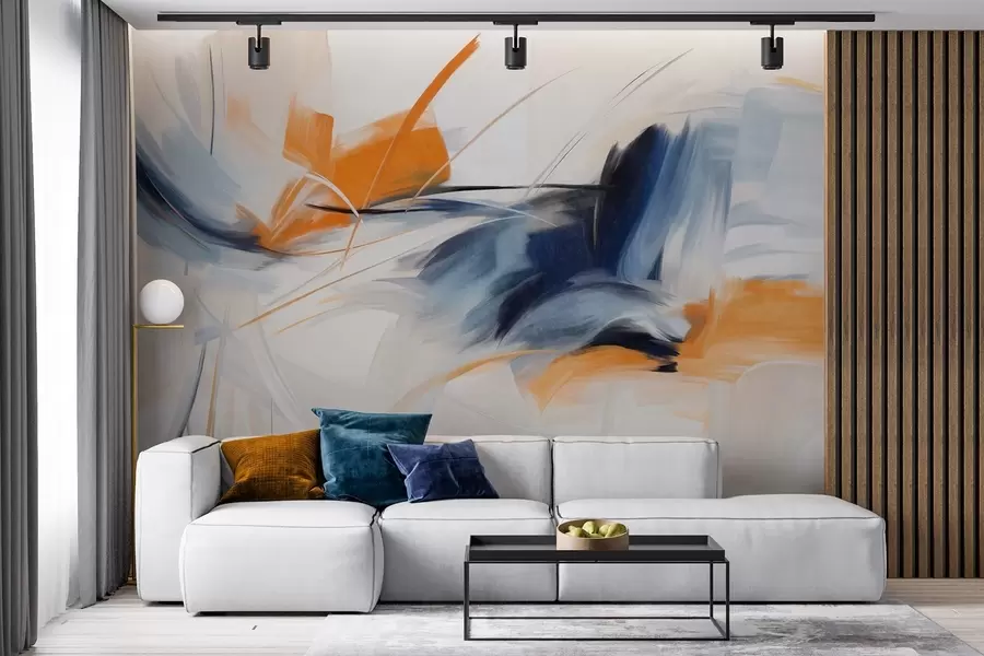 Fototapeta Styl malarstwa abstrakcyjnego z pomarańczowymi i niebieskimi teksturowanymi pociągnięciami pędzla w09755