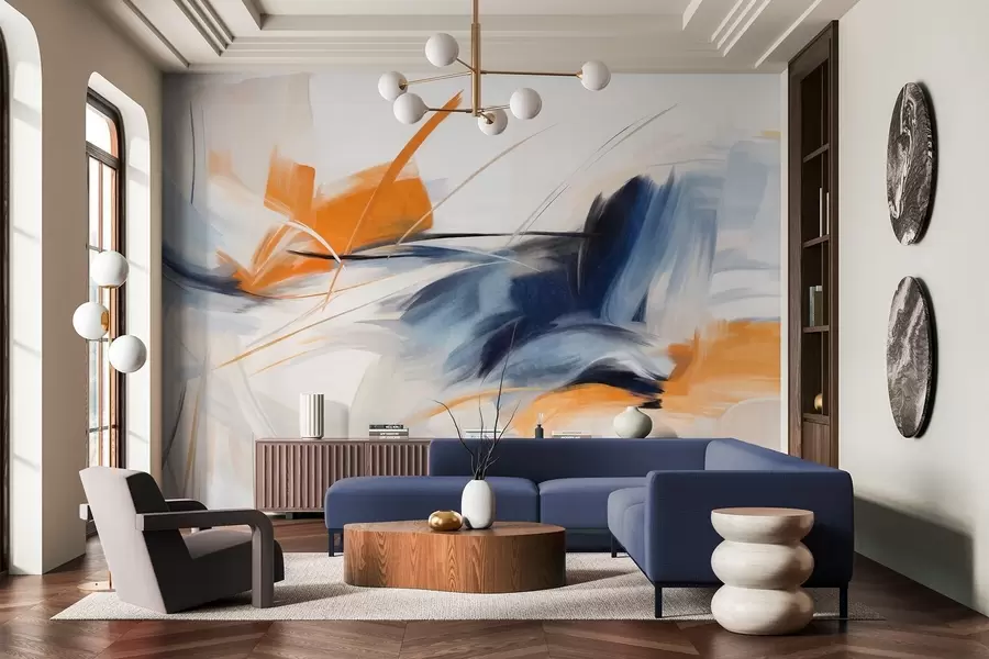 Fototapeta Styl malarstwa abstrakcyjnego z pomarańczowymi i niebieskimi teksturowanymi pociągnięciami pędzla w09755