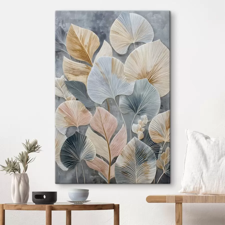 Obraz Wielobarwne dekoracyjne liście o wyraźnej fakturze na ciemnym tle s47964