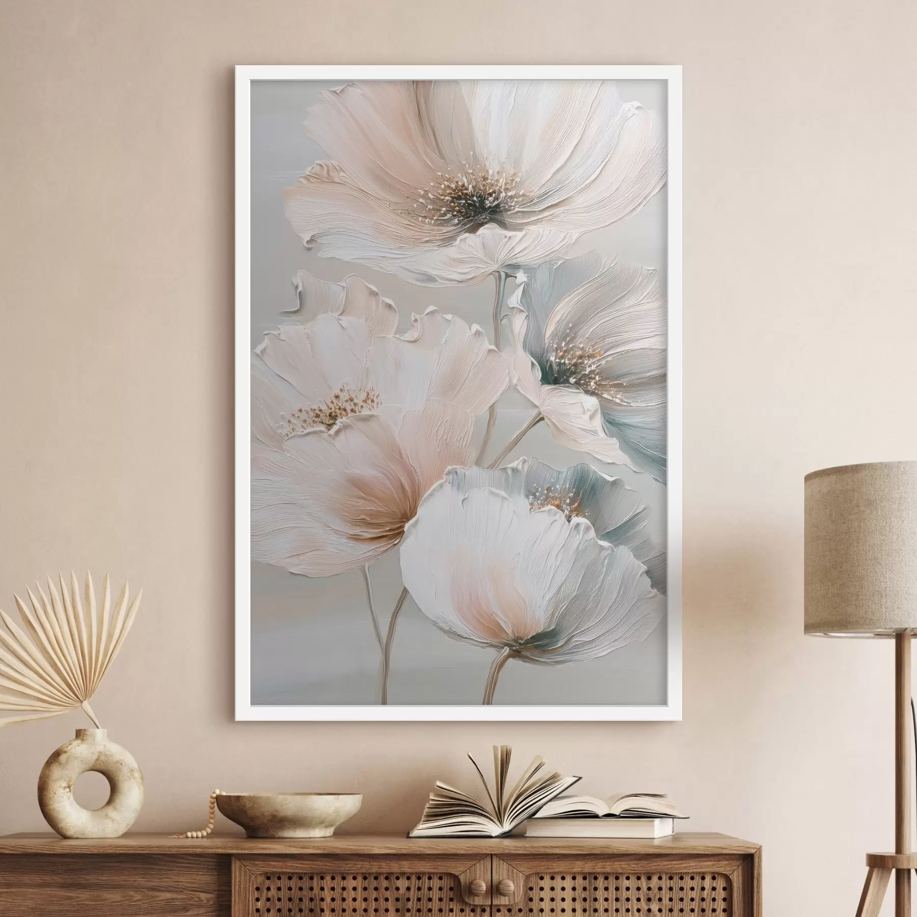 Fototapeta Kompozycja kwiatowa z teksturowanymi pociągnięciami pędzla w beżowo-różowej palecie barw f47961