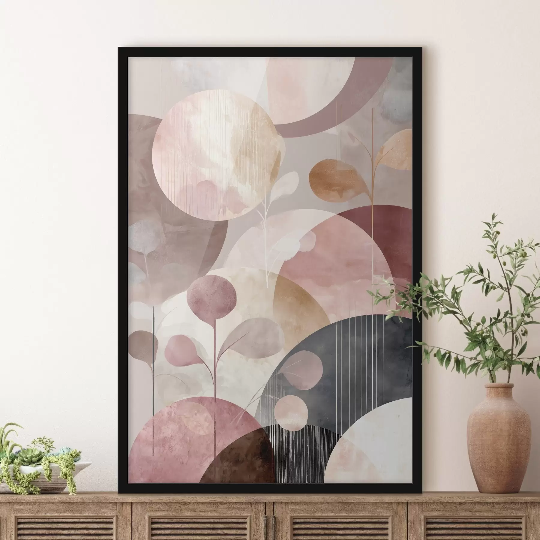 Fototapeta Kompozycja z półprzezroczystych okręgów i stylizowanych gałęzi f47978