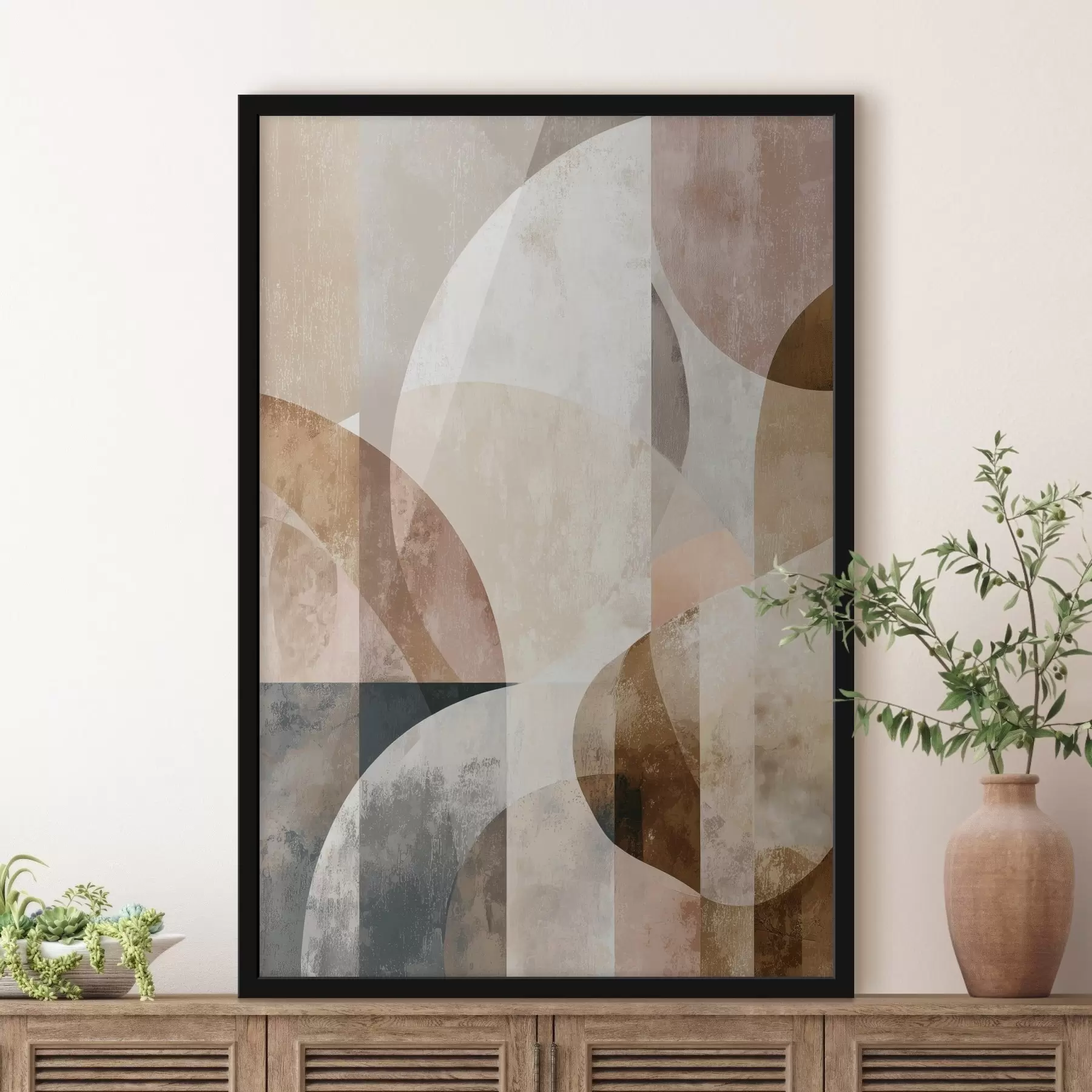 Fototapeta Nowoczesna kompozycja z okrągłymi formami i pionowymi pociągnięciami f47980