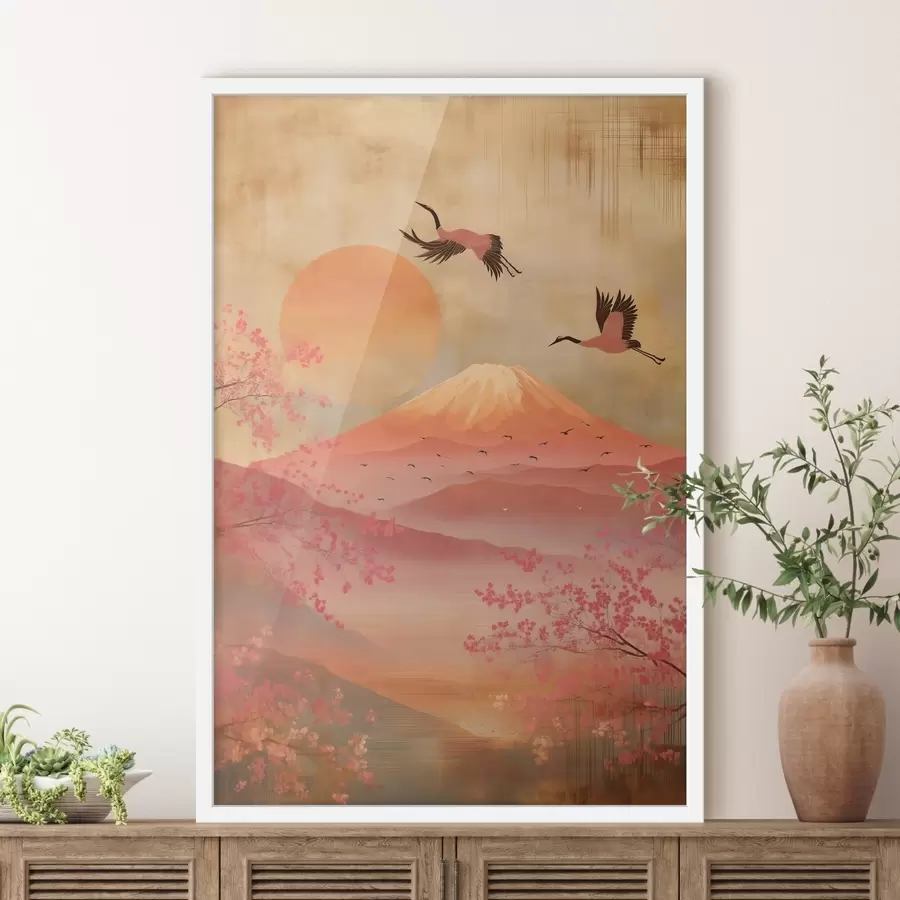 Fototapeta Żurawie na tle słońca i gór: ilustracja w stylu sztuki cyfrowej f47992