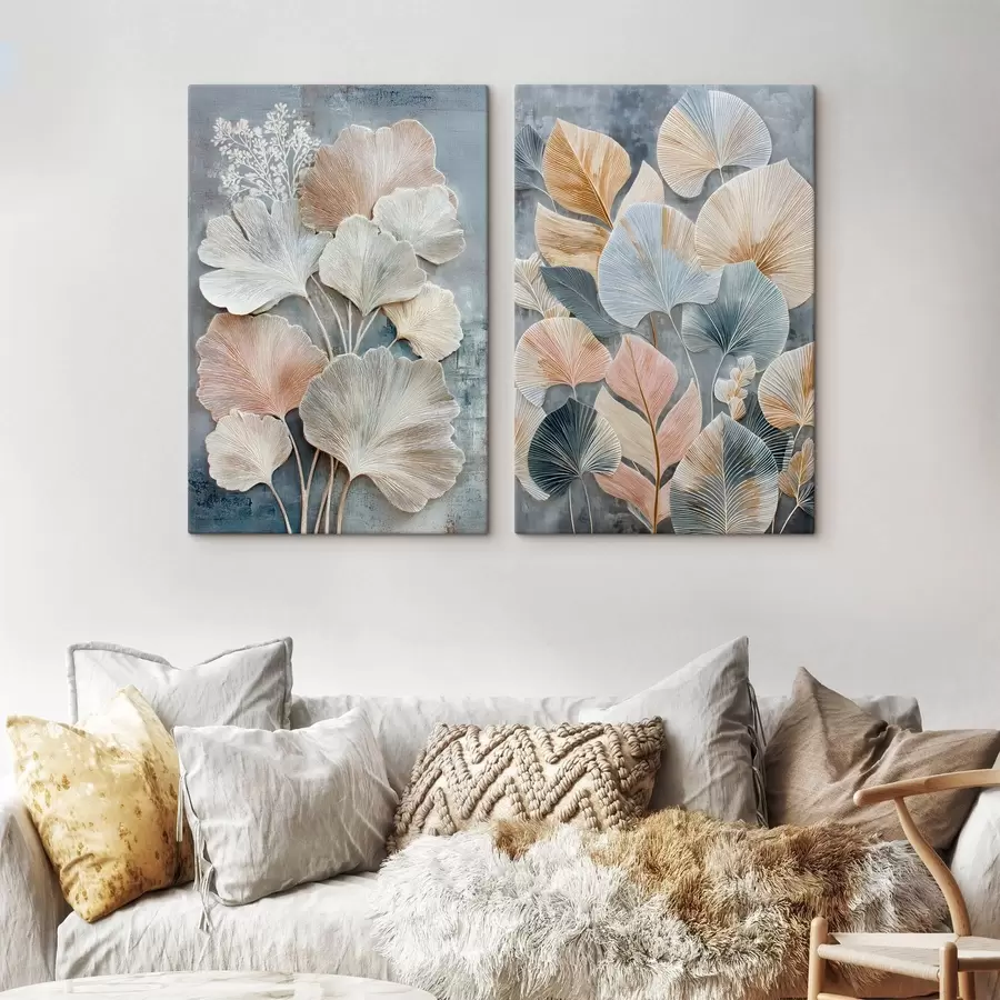 Obraz Abstrakcyjna kompozycja z dekoracyjnymi liśćmi w szaro-beżowej palecie barw m30030