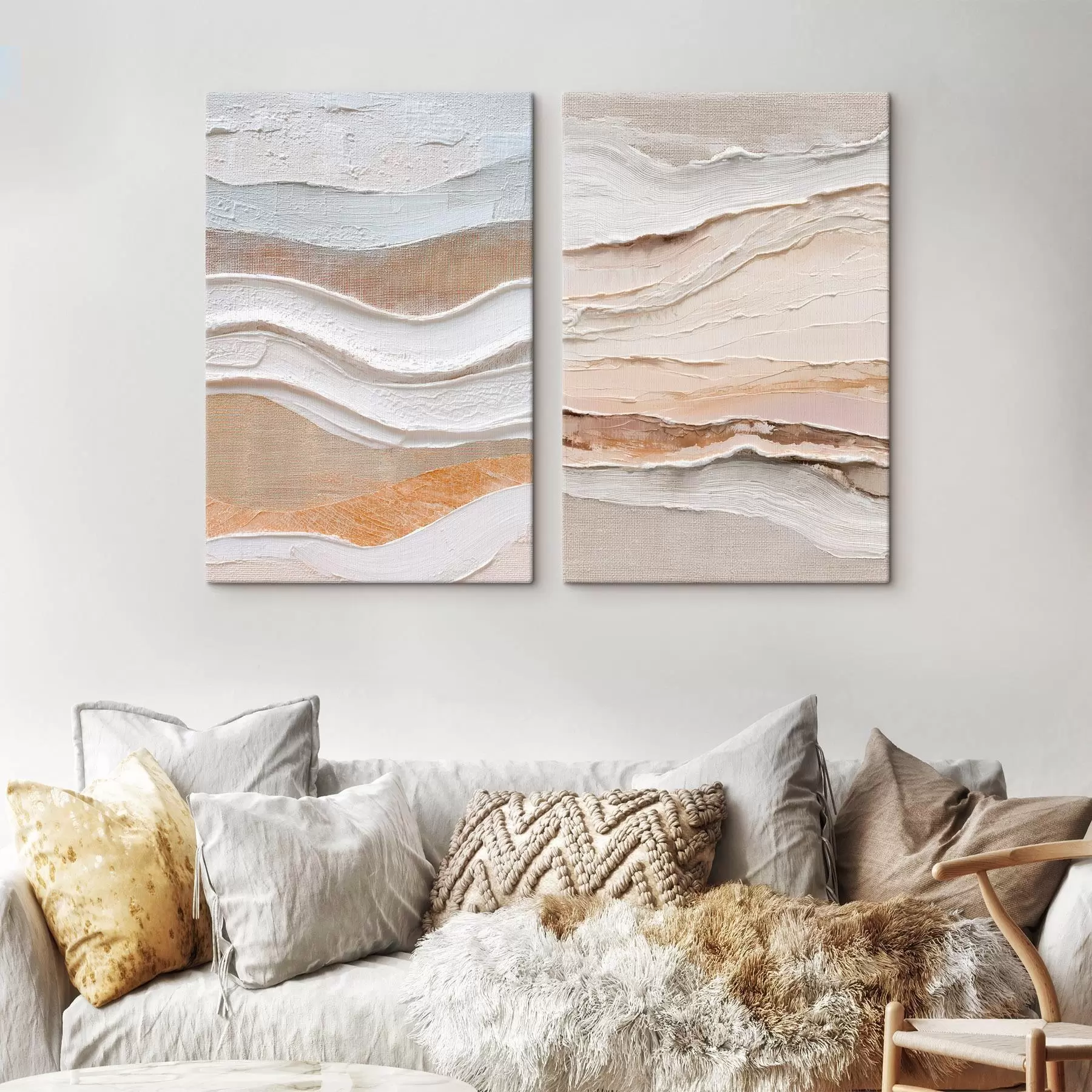 Obraz Minimalistyczny dyptyk z teksturowanymi falami na lnianym tle m30031