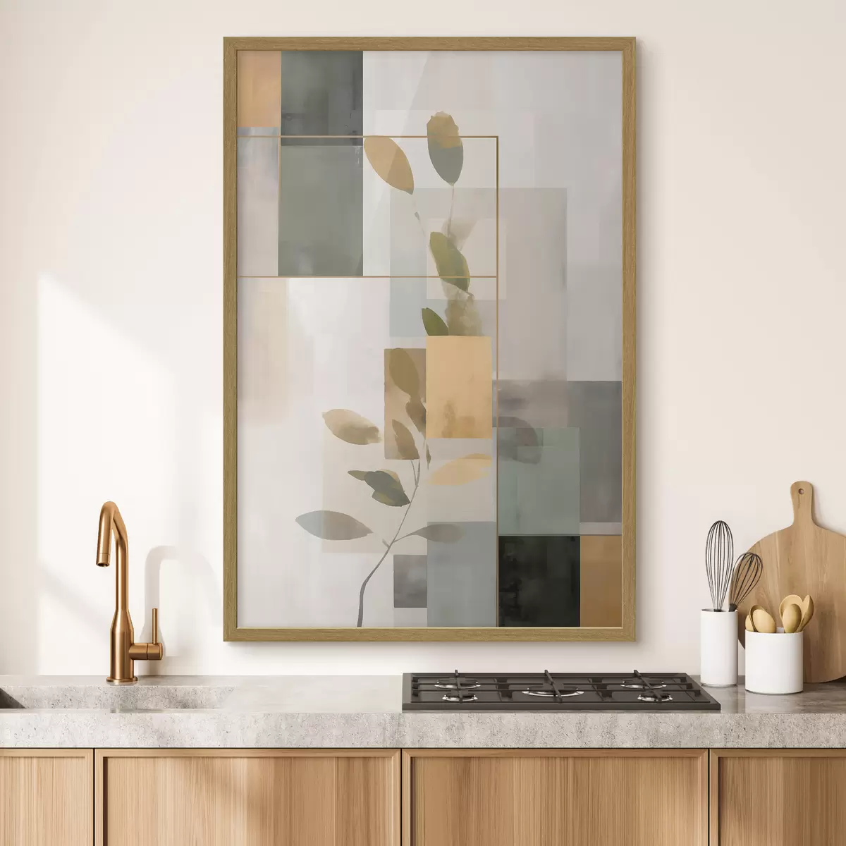 Plakat Geometryczna abstrakcja z gałęziami liści f48020