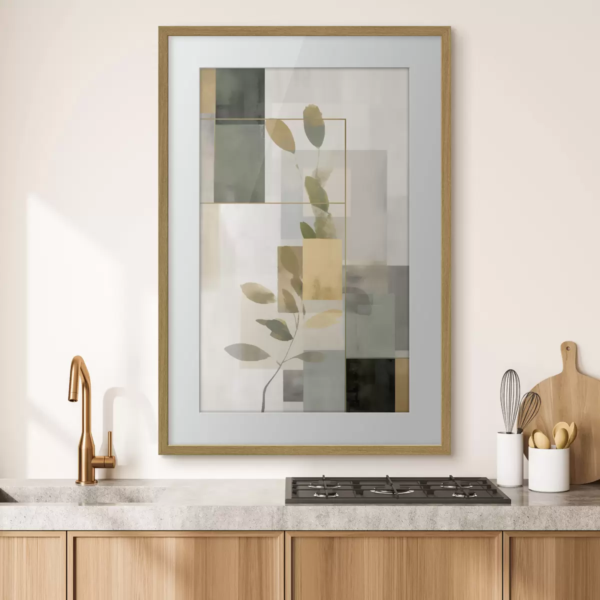 Plakat Geometryczna abstrakcja z gałęziami liści f48020