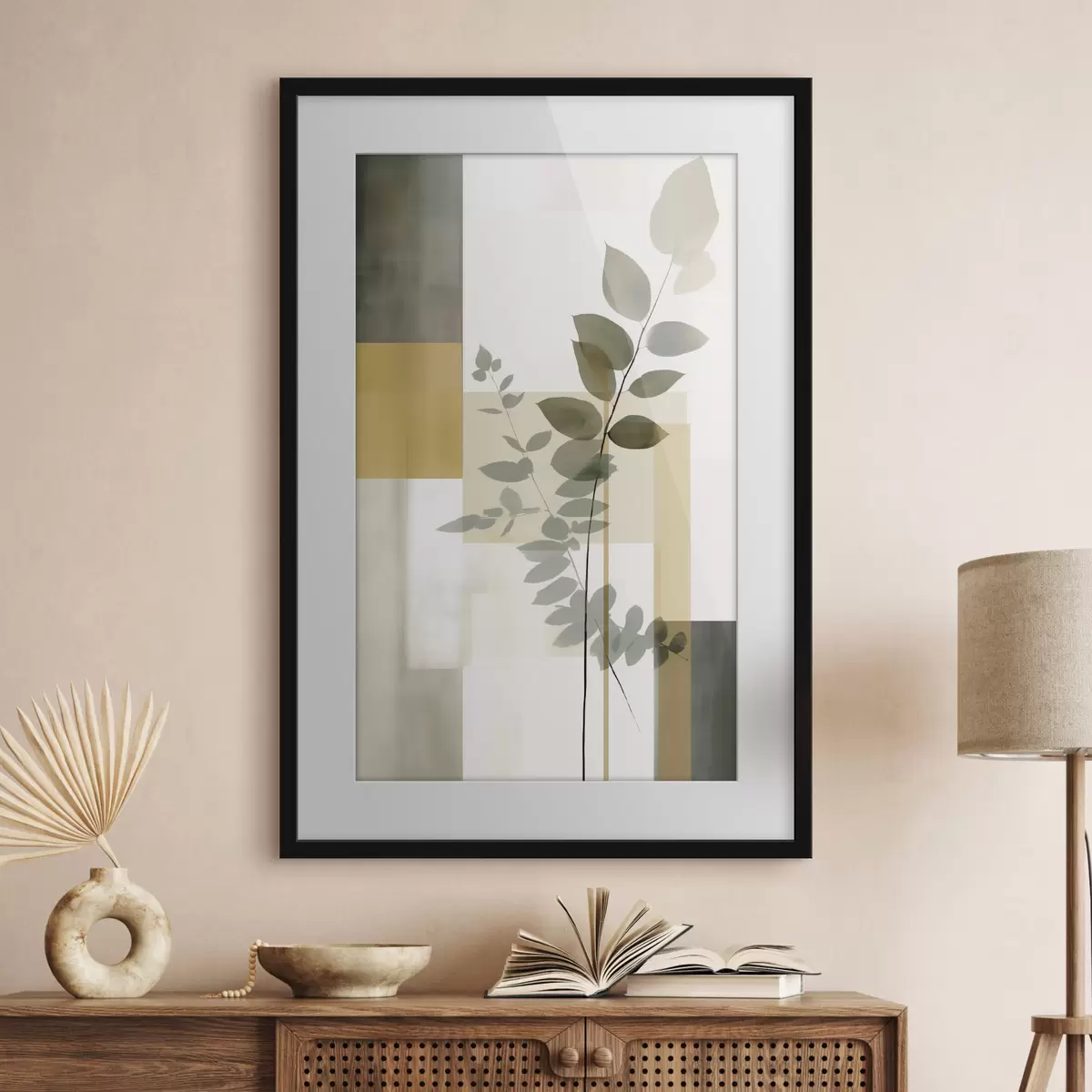 Plakat Geometryczna abstrakcja z gałęziami liści f48171