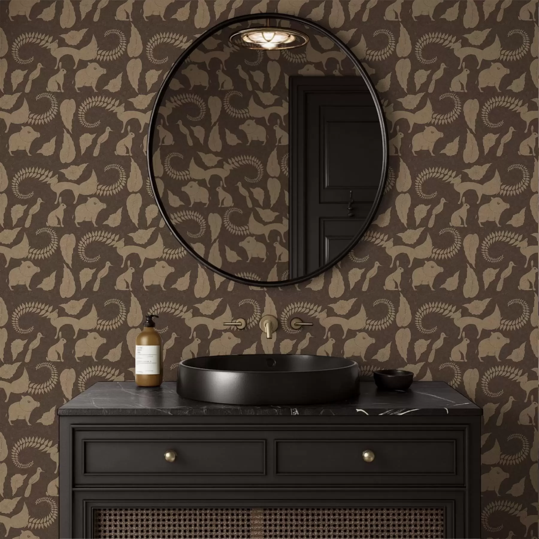 Fototapeta Wzór lasu ze zwierzętami na brązowym tle a01121