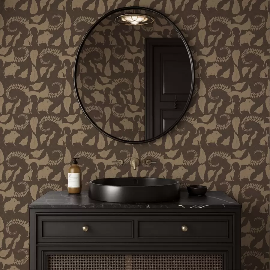 Fototapeta Wzór lasu ze zwierzętami na brązowym tle a01121