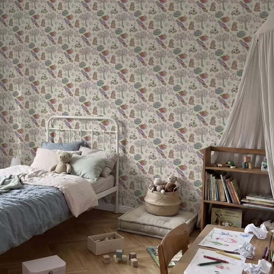 Fototapeta Kolorowy wzór dla dzieci z ptakami i królikami a01127