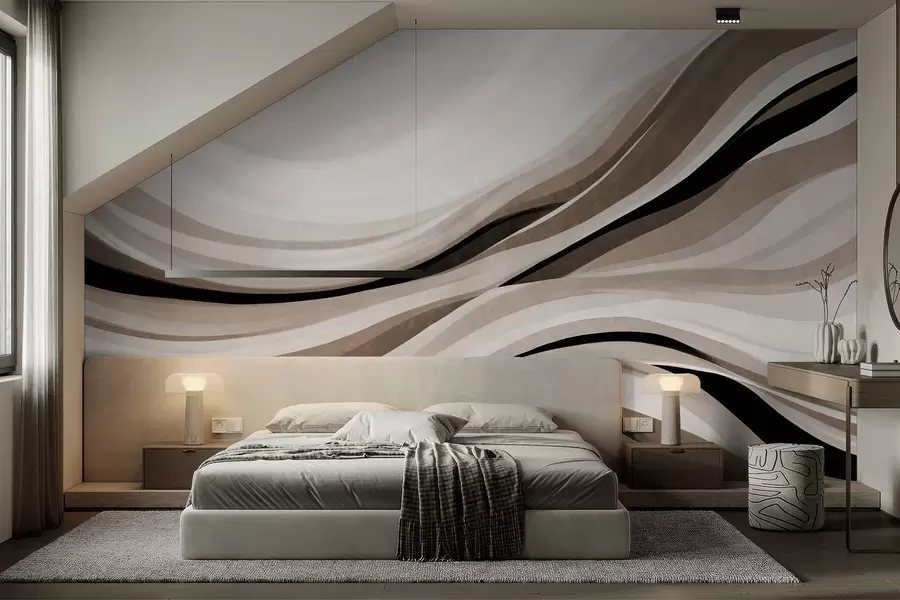 Fototapeta Abstrakcyjne faliste linie w odcieniach beżu i czerni na jasnym tle, teksturowana grafika w09748