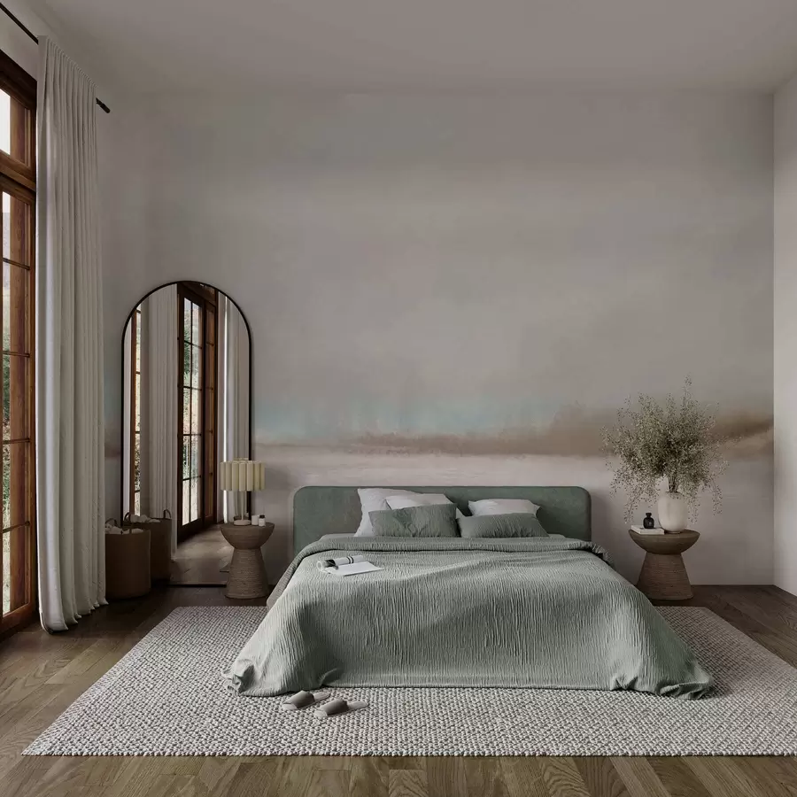 Fototapeta Mglisty krajobraz z jeziorem i lasem w05319