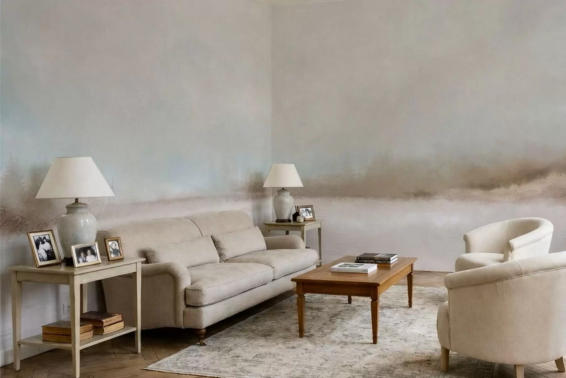 Fototapeta Mglisty krajobraz z jeziorem i lasem w05319