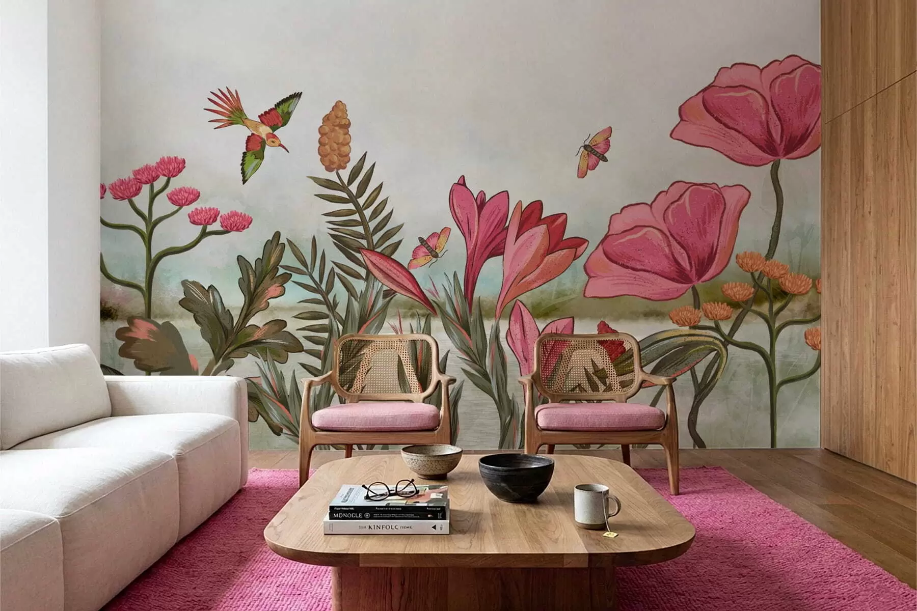 Fototapeta Jasne kwiaty z ptakami i motylami w05321