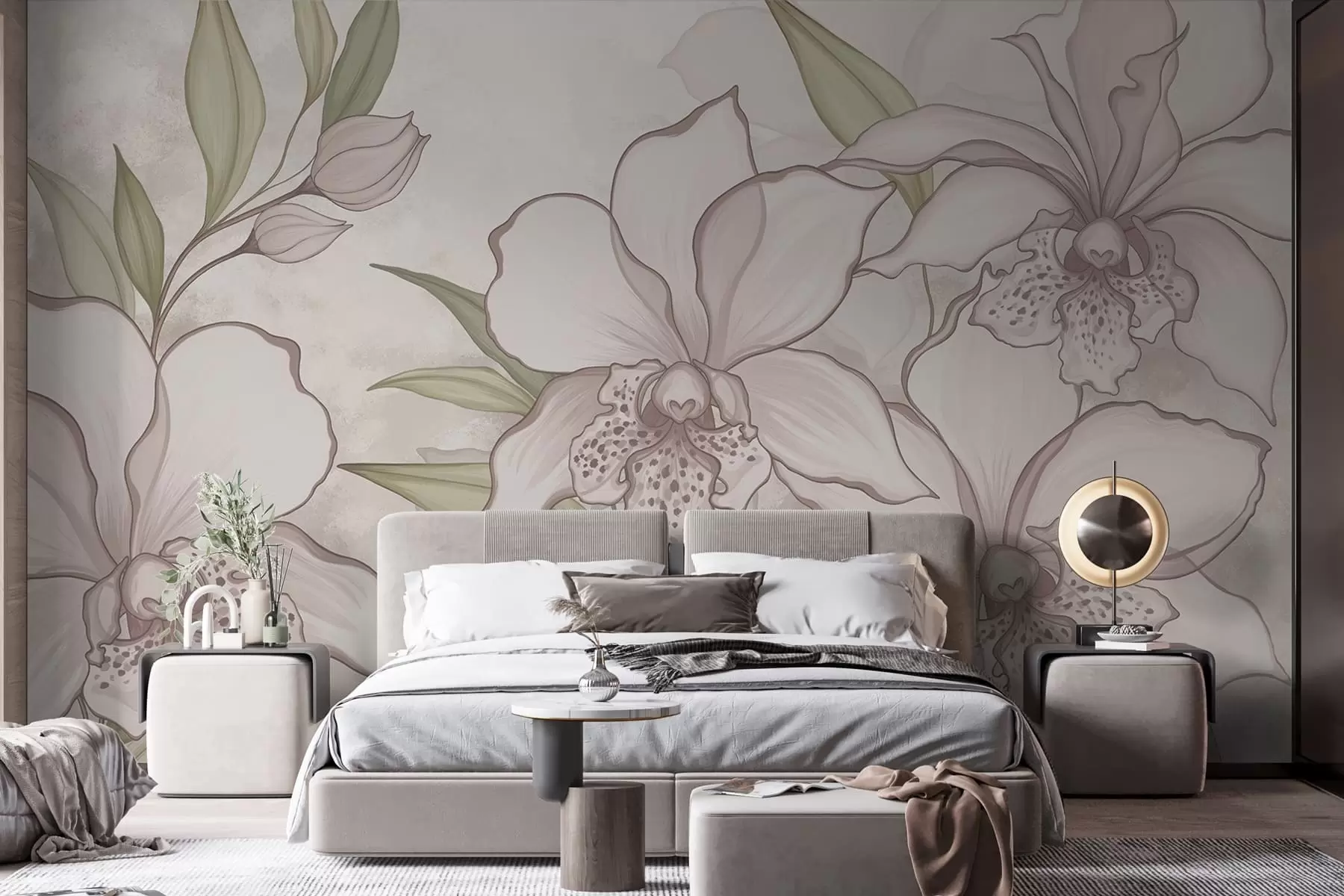 Fototapeta Ilustracja przedstawiająca jasne orchidee z liśćmi na beżowym tle w05117