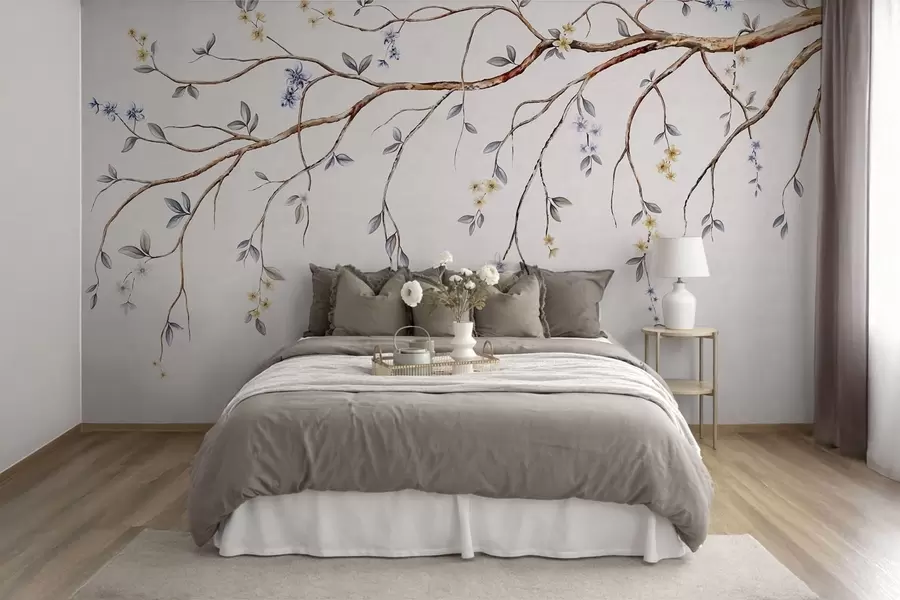 Fototapeta Cienkie gałęzie z małymi kwiatami na jasnym tle w05145