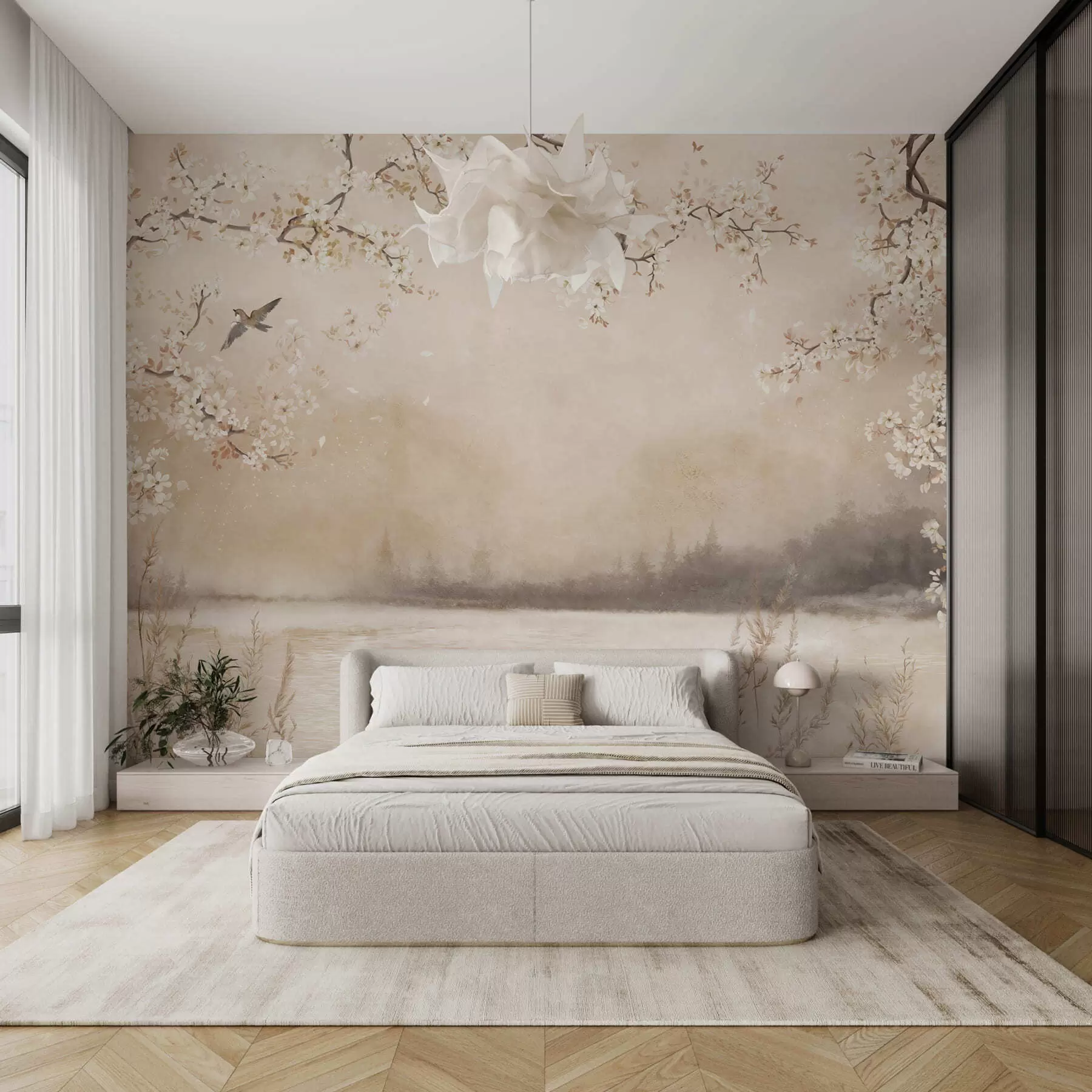 Fototapeta Delikatne kwitnące gałęzie nad jeziorem z ptakami w lekkiej mgle w05155