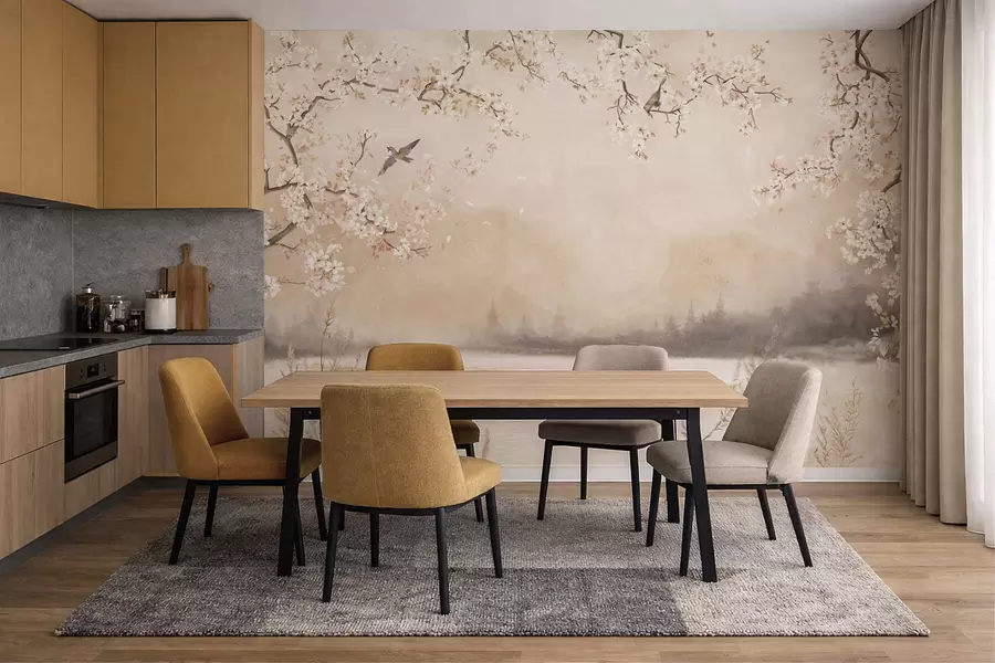 Fototapeta Delikatne kwitnące gałęzie nad jeziorem z ptakami w lekkiej mgle w05155