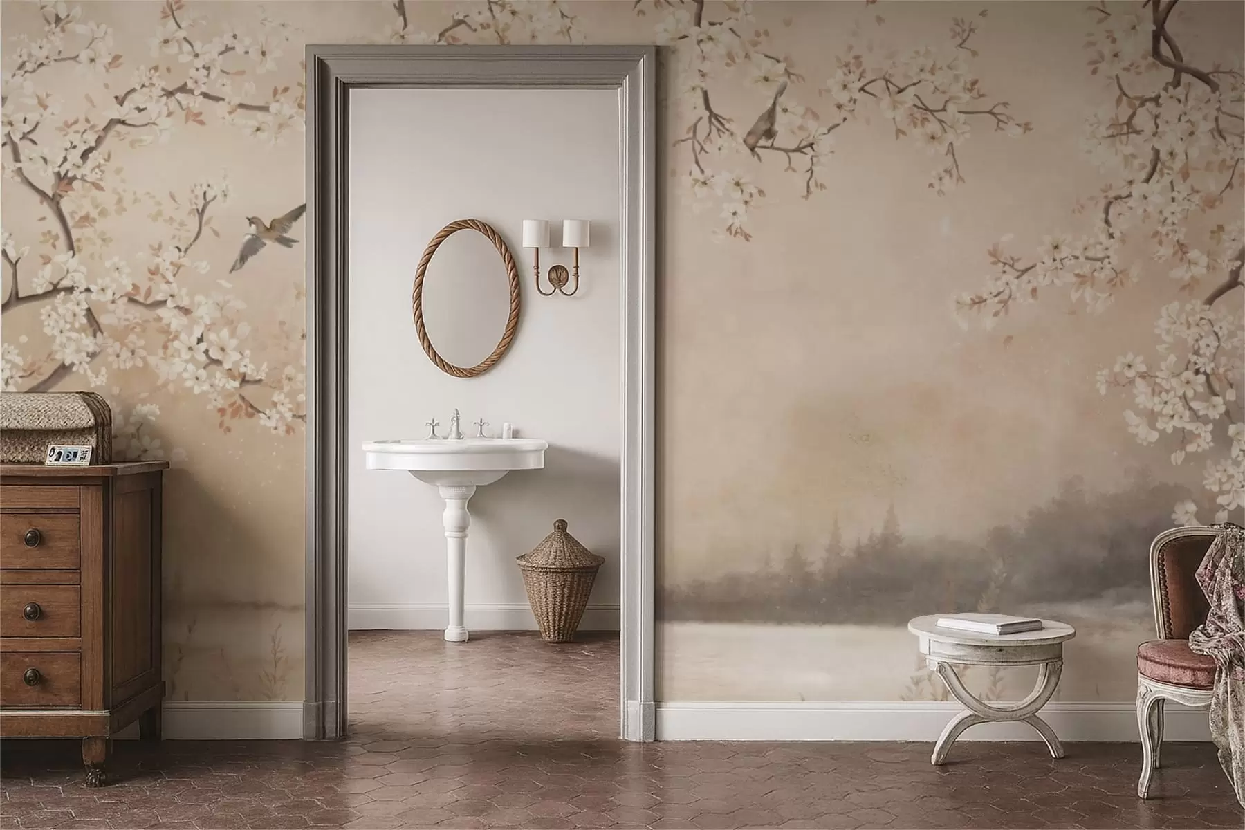 Fototapeta Delikatne kwitnące gałęzie nad jeziorem z ptakami w lekkiej mgle w05155