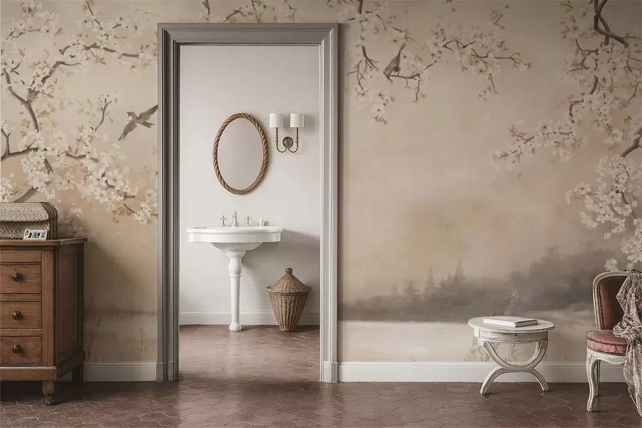 Fototapeta Delikatne kwitnące gałęzie nad jeziorem z ptakami w lekkiej mgle w05155