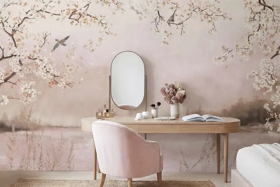 Fototapeta Kwitnące gałęzie nad spokojnym jeziorem z ptakami we mgle w05155v1