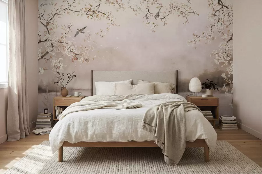 Fototapeta Kwitnące gałęzie nad spokojnym jeziorem z ptakami we mgle w05155v1