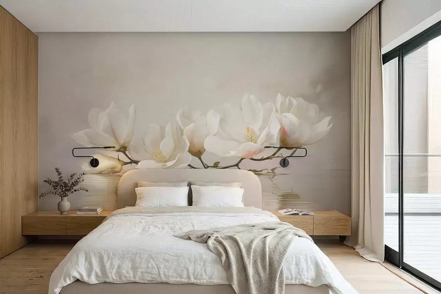 Fototapeta Jasne kwiaty magnolii na gałęzi nad odbiciem w wodzie w05353