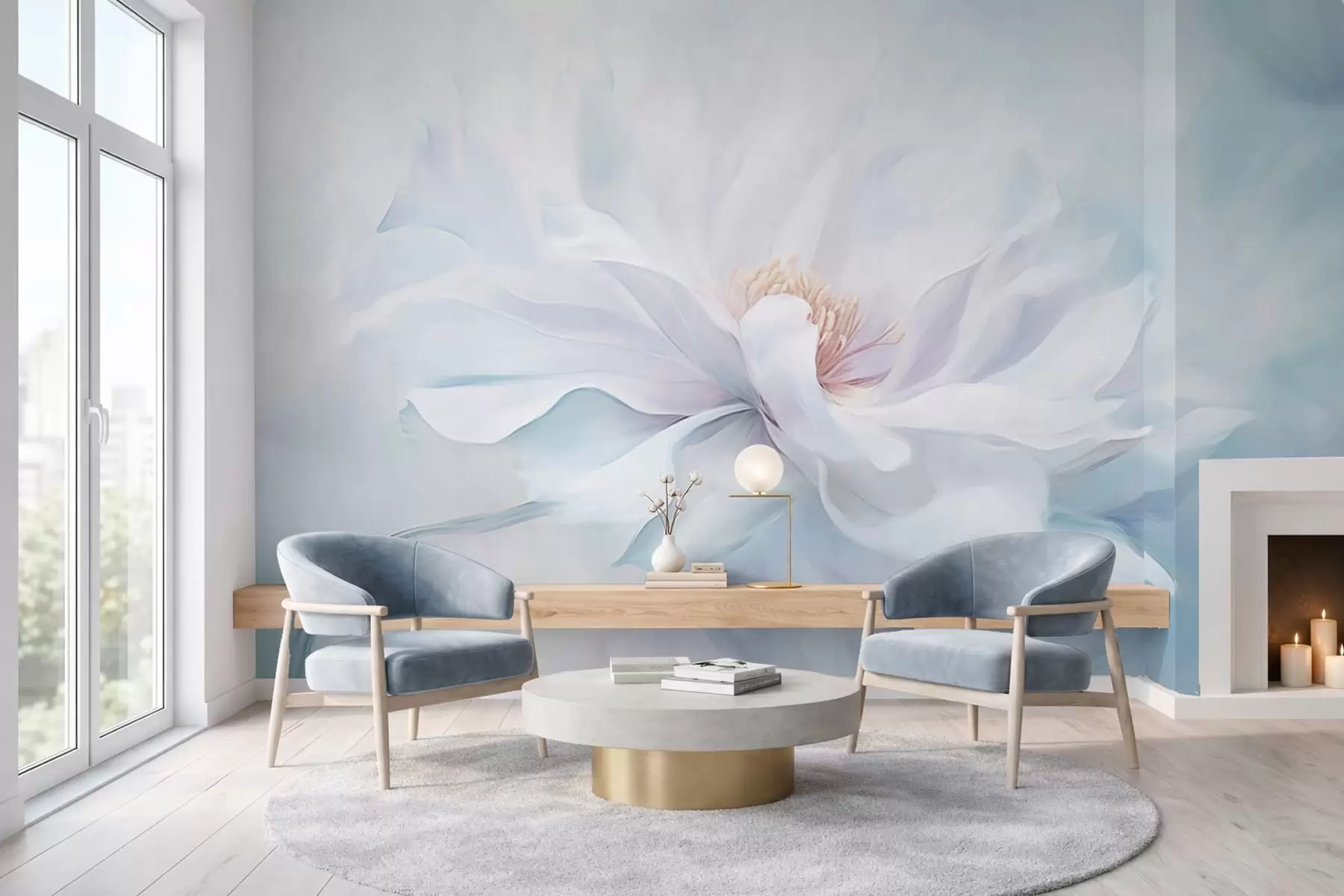 Fototapeta Delikatny biały kwiat z płynnymi płatkami na niebieskim tle w05354