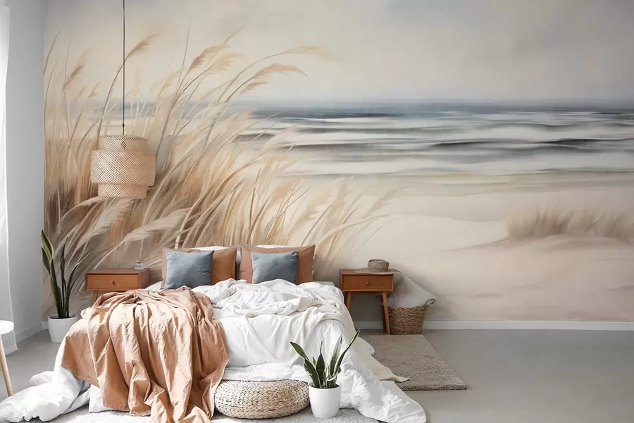 Fototapeta Teksturowany krajobraz z suchą trawą na piaszczystej plaży, z oceanem i niebem w tle. w09739