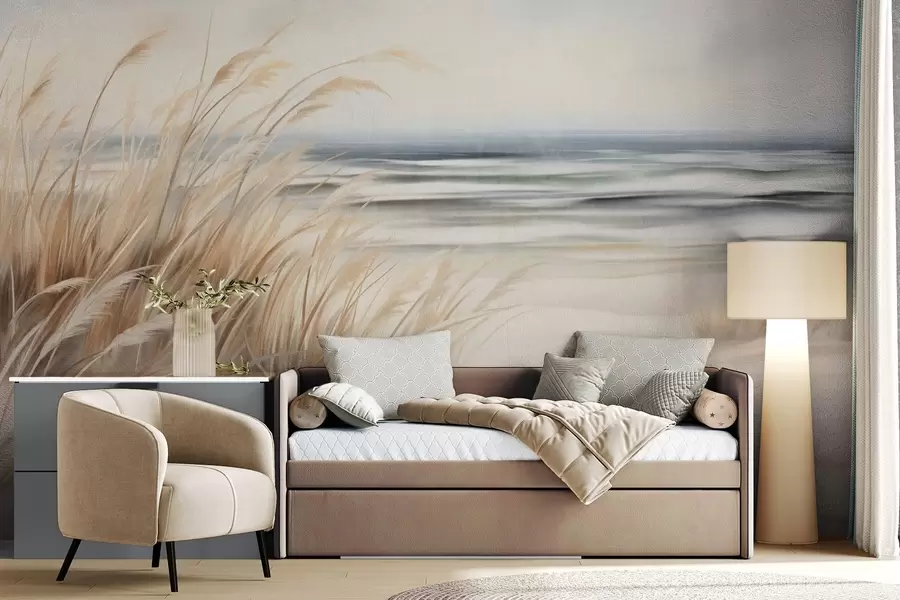 Fototapeta Teksturowany krajobraz z suchą trawą na piaszczystej plaży, z oceanem i niebem w tle. w09739