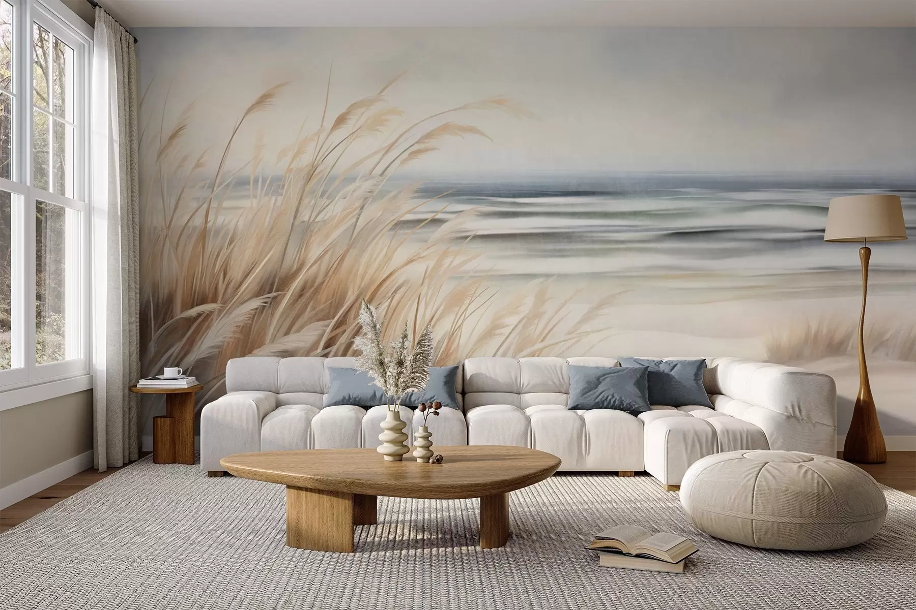 Fototapeta Teksturowany krajobraz z suchą trawą na piaszczystej plaży, z oceanem i niebem w tle. w09739