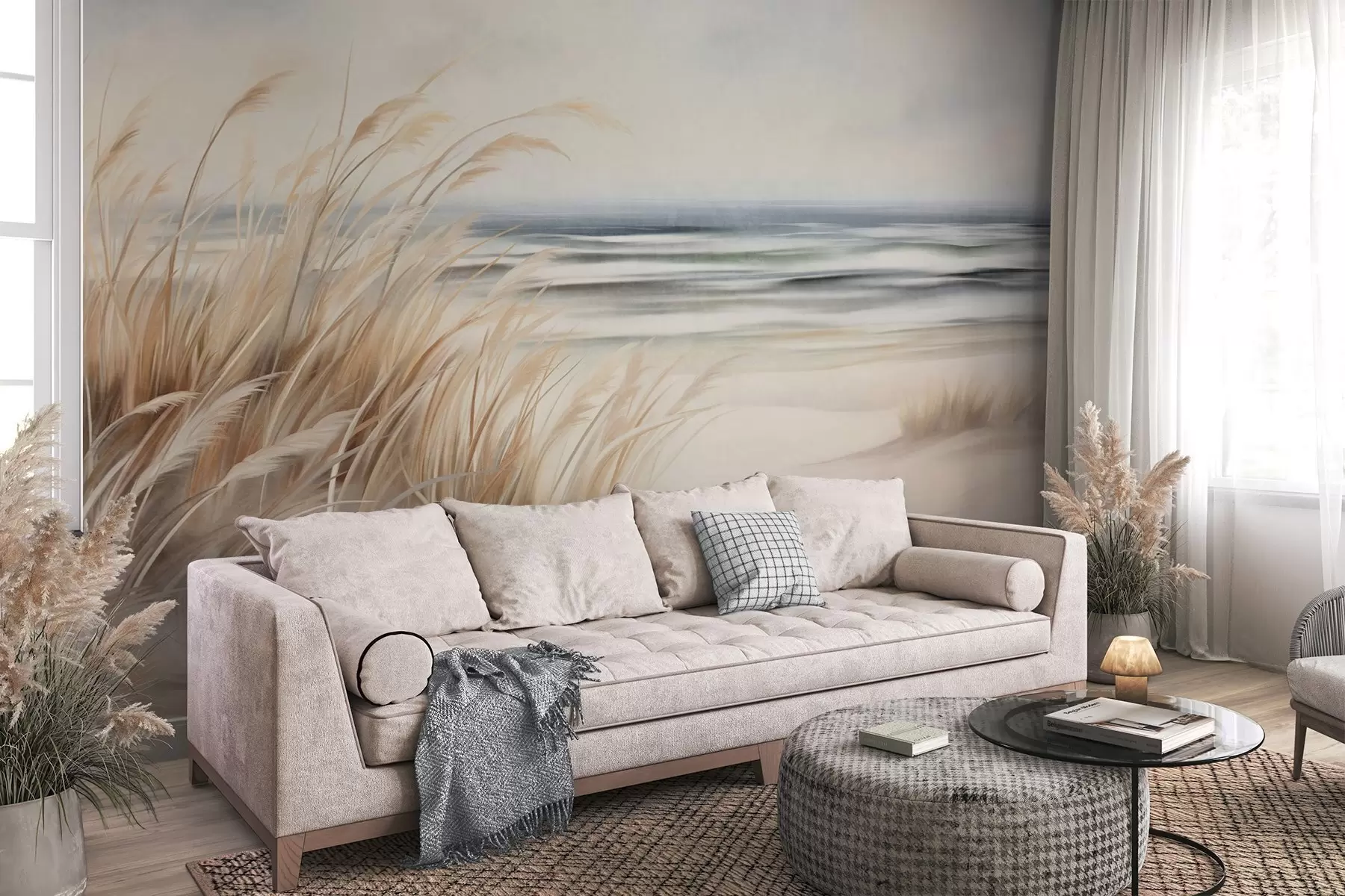 Fototapeta Teksturowany krajobraz z suchą trawą na piaszczystej plaży, z oceanem i niebem w tle. w09739