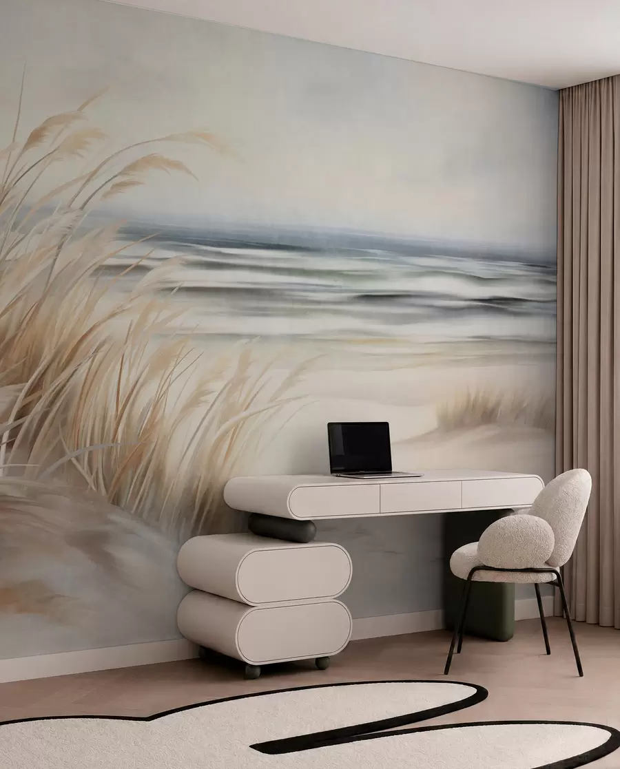 Fototapeta Teksturowany krajobraz z suchą trawą na piaszczystej plaży, z oceanem i niebem w tle. w09739
