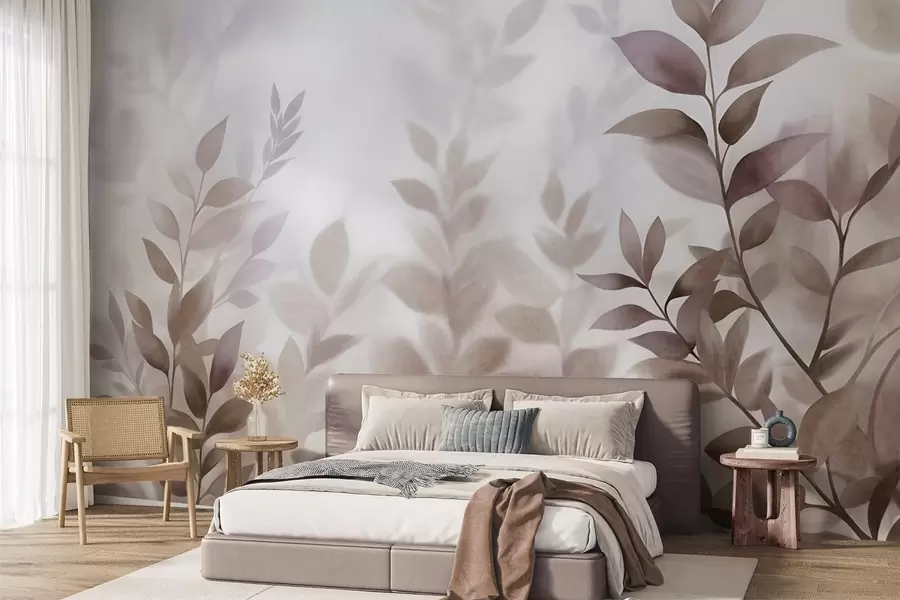 Fototapeta Delikatne gałęzie z przytłumionymi brązowymi i beżowymi liśćmi, styl akwareli, sztuka teksturowana w09750