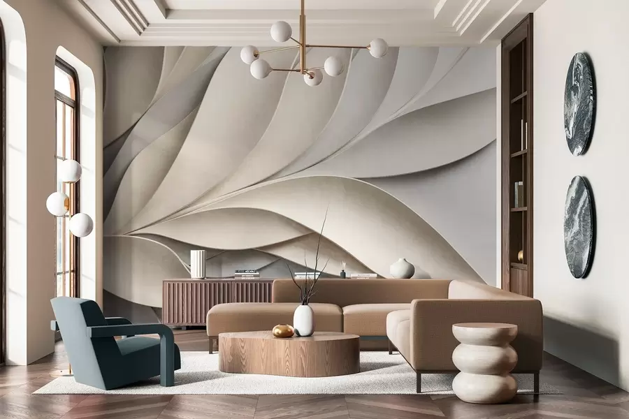 Fototapeta Abstrakcyjne liście w kolorze beżowym i szarym, teksturowana sztuka nowoczesna w09769