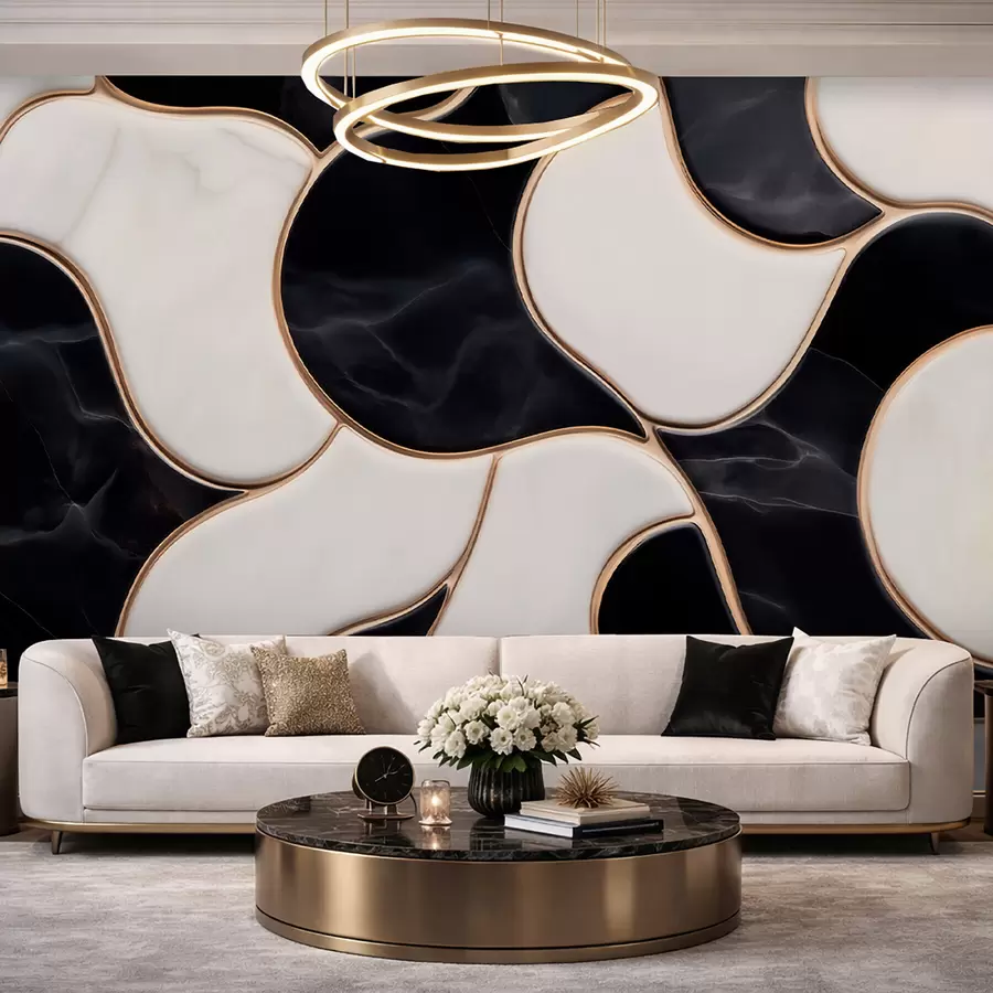 Fototapeta Abstrakcyjna imitacja kompozycji marmurowej w odcieniach czerni i bieli z żółtymi liniami w09733