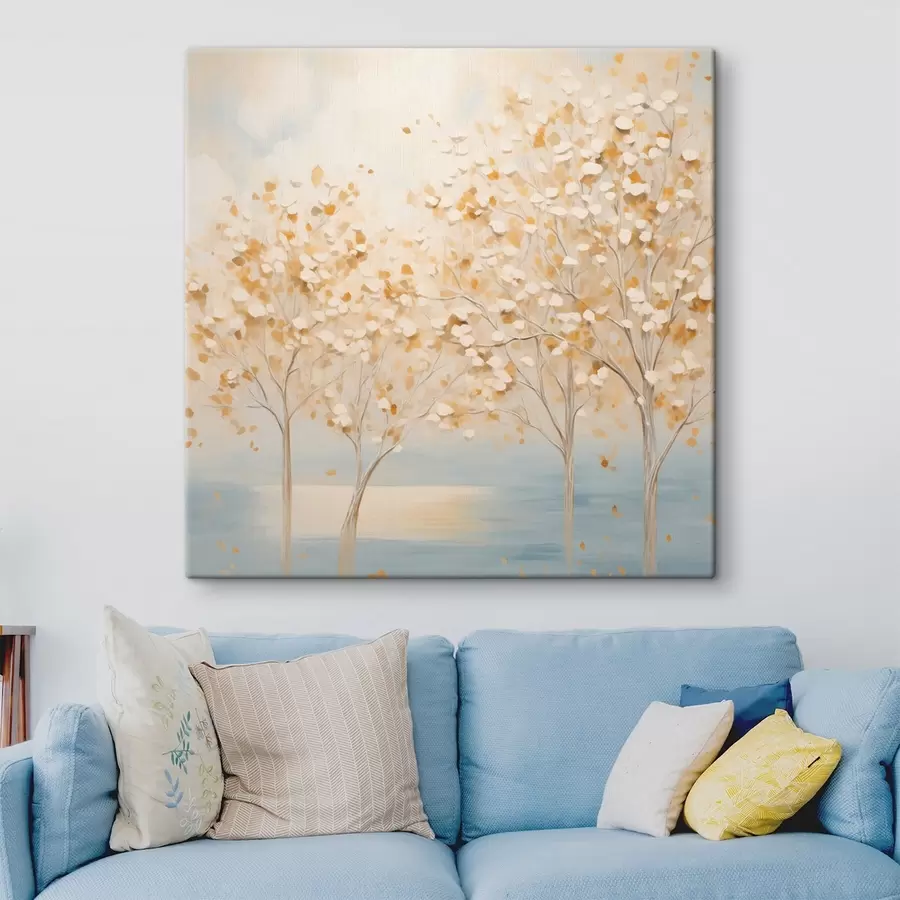 Obraz Obraz przedstawiający drzewa o fakturalnym wyglądzie, z białymi i żółtymi liśćmi na jasnoniebieskim tle s48392